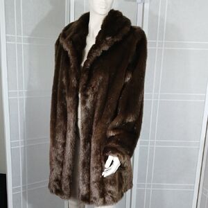 Dennis Basso Brown Faux Fur 3/4 Length Coat